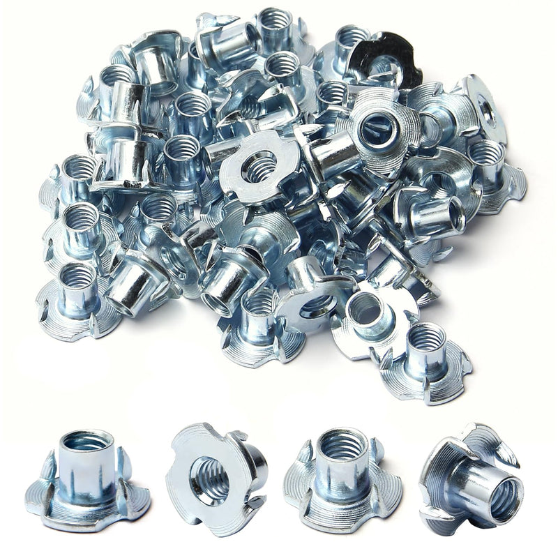 Yinpecly 5/16"-18 T-Nut (50 Pack), Zinc Plated Carbon Steel T-Nut, 7/16" Barrel Length, 4 Pronged Tee Blind Nuts, Threaded Inserts for Wood, Rock Climbing Holds, Cabinetry, Furniture