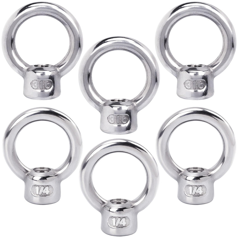 PAGOW 6 Pieces Stainless Steel 316 Lifting Eye Nut, 1/4" UNC Heavy Duty Marine Grade, Hardware Ring Shaped Eye Bolt