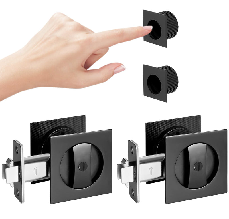 Black Pocket Door Hardware, 2 3/8" Backset, Matte Black Pocket Door Lock for Bathroom, Heavy Duty Solid Square Pocket Door Hardware(2 Pack) 2 Pack 2 3/8"