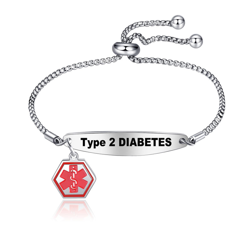 Medical Alert Bracelets for Women,Medical Id Bracelets with Free Laser Engraving,Stainless Steel Adjustable Wristband Bracelets Dual-Side Engraving Type 2 DIABETES