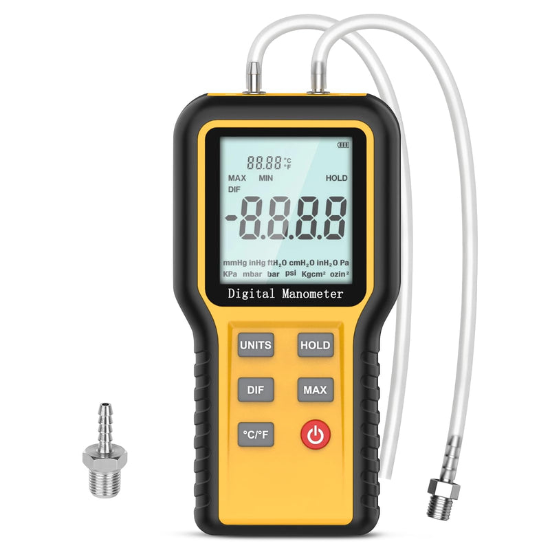 Digital Manometer Gas Pressure Tester with ±0.3% FSO Resolution, Differential Pressure Gauge with 12 Optional Units, Portable Air Pressure Gauge with LCD Backlight. YF-E2-QX1201