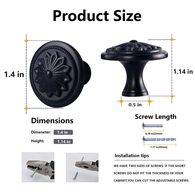 Kitchen Cabinet Knobs, 10 Pack Matte Black Zinc Alloy, 1-2/5'' Round Handles for Cabinets and Drawers Dresser, Included Screws