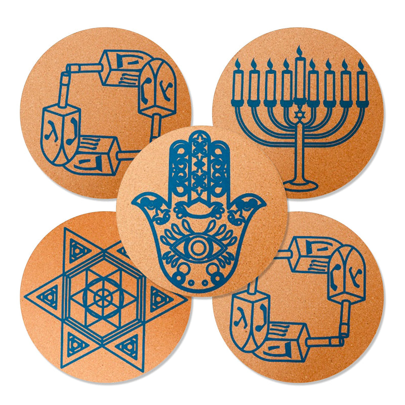 Cork Trivet Set 5 Pieces Used for Jewish Gifts, Hanukkah Decorations, Passover Hostess Gifts, Shabbat. Including Star of David, Dreidel, Hanukkah Menorah, Hamsa, Judaica Gifts Jewish Trivets