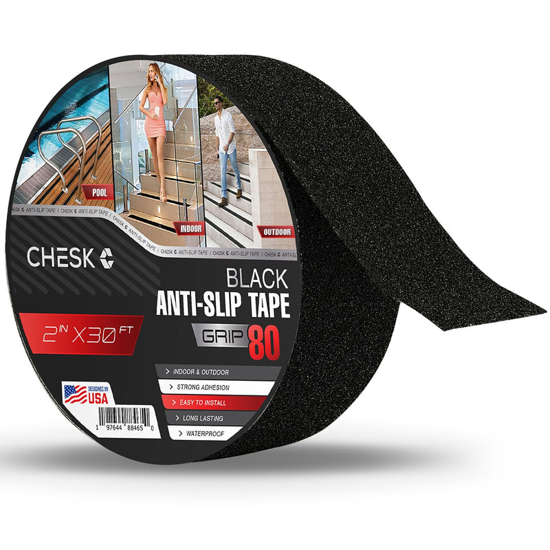 CHESK Grip Tape BLACK Anti Slip Tape for Stairs Waterproof 2in x 30Ft Indoor/Outdoor Stair treads Non Slip Skateboard Grip Tape Friction Non Skid Tape Steps Strips Adhesive Shower Floor Grips stickers 2in x 30 ft