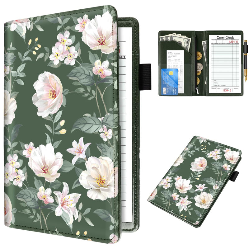 WAVEYU Cute Server Books for Waitress Waiter, Leather Guest Book Note Pad with Zipper, Money Organizer Wallet, Cash Check Bill Receipt Holder Presenter, 8x5 inch, Green Flower