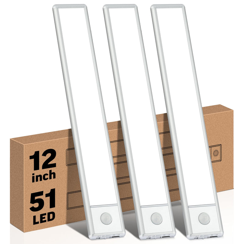 51-LED Motion Sensor Under Cabinet Light, 12-inch Magnetic Rechargeable Under Counter Closet Lights, Wireless Night Light Bar, 3-Pack, Cool White 12 inch
