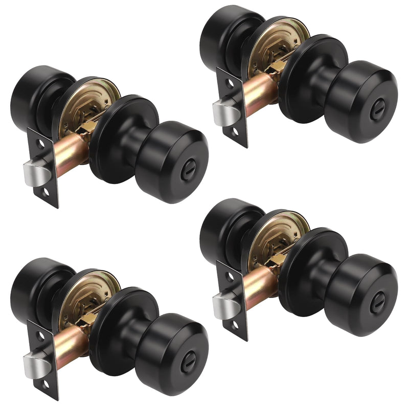 KNOBWELL 4 Pack Privacy Door Knob with Lock, Bedroom/Bathroom Door Knob, Matte Black Interior Door Knobs, Keyless Stainless Steel Door Handle, Black Round Doorknobs