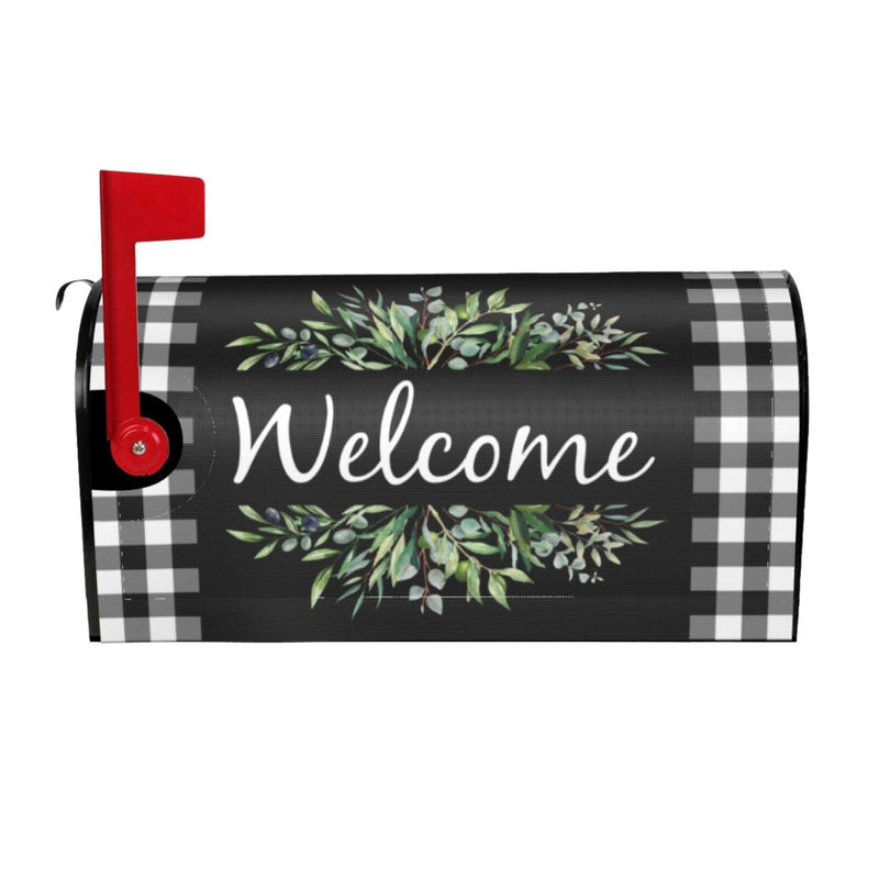 Wreath Buffalo Plaid Mailbox Covers, Welcome Magnetic Mailbox Cover, Plaid and Leaves Mail Box Covers for Garden Outdoor Decor 21 x 18 Inchs Black White Welcome Wreath 21x18 in