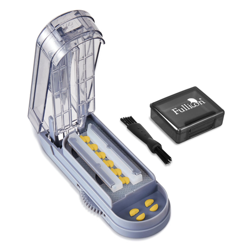 Fullicon Multiple Pill Cutter - Adjustable for Small Pills With Accurate Alignment, Stainless Steel Cutting Blade & Guard, Splitter With Free Brush & Box (Grey) Grey