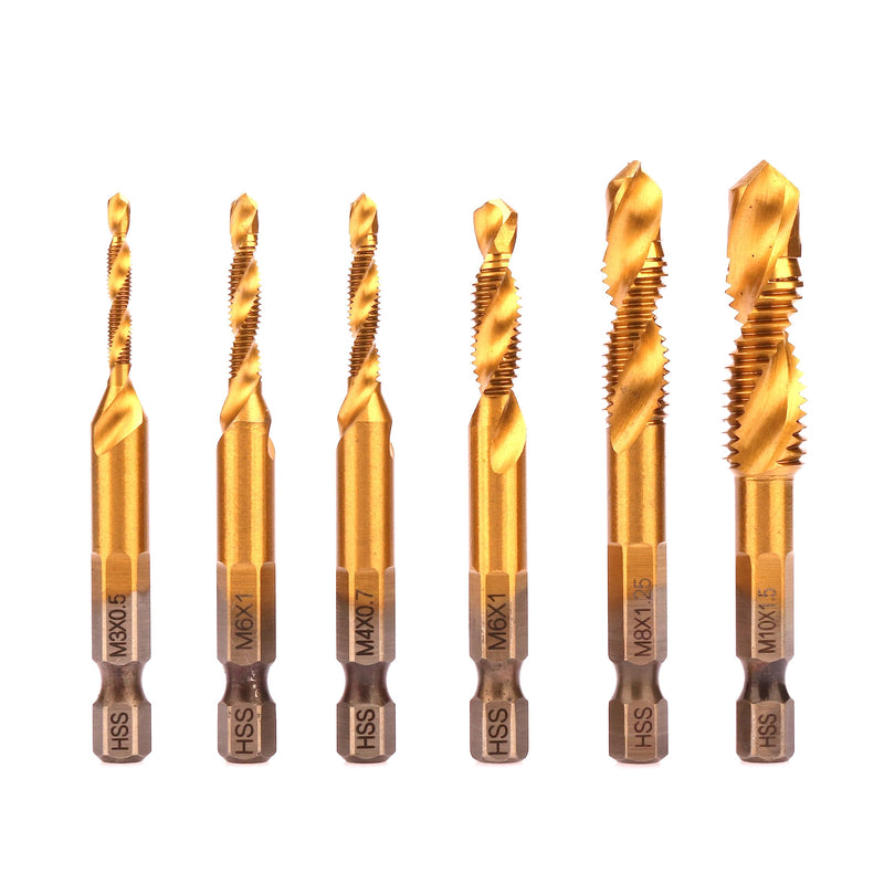 HSS 4341 Combination Tap Bit Set,HSS Screw Tap Kit,6PCS with M3 M4 M5 M6 M8 M10 HEX Shank Drill Bit (Golden Plus) golden plus