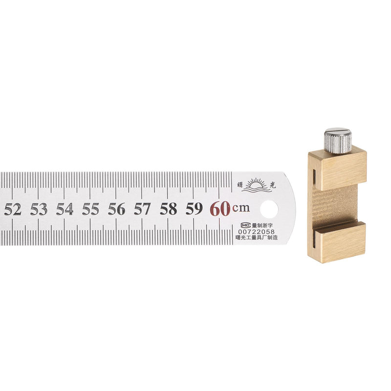 HARFINGTON 2 in 1 Stainless Steel Ruler with Scriber Block 60cm/24 Metric and Inch Metal Ruler with 30mm Length Brass Locating Vernier Slider for Woodworking DIY Measuring, Gold Tone 60cmx29mmx0.9mm