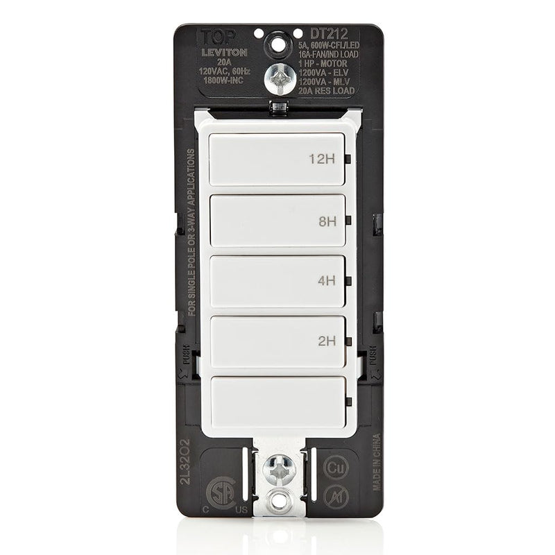 Leviton Countdown Switch for lights, attic, heaters, pool pumps, 2-4-8-12 hour, Neutral Wire Required, 20A, 1 HP/16A Fan/Motor, Single Pole, Multi-Way or Multi-Timer, DT212-1LW, White 20 Amp