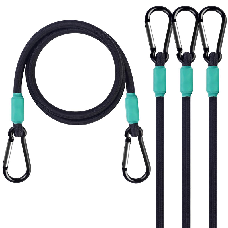 Black Bungee Cords with Hooks 36 inch Heavy Duty, 4-Piece Carabiners Style, 5/16 inch Diameter Cord with Nylon Fiber, UV Resistant Black