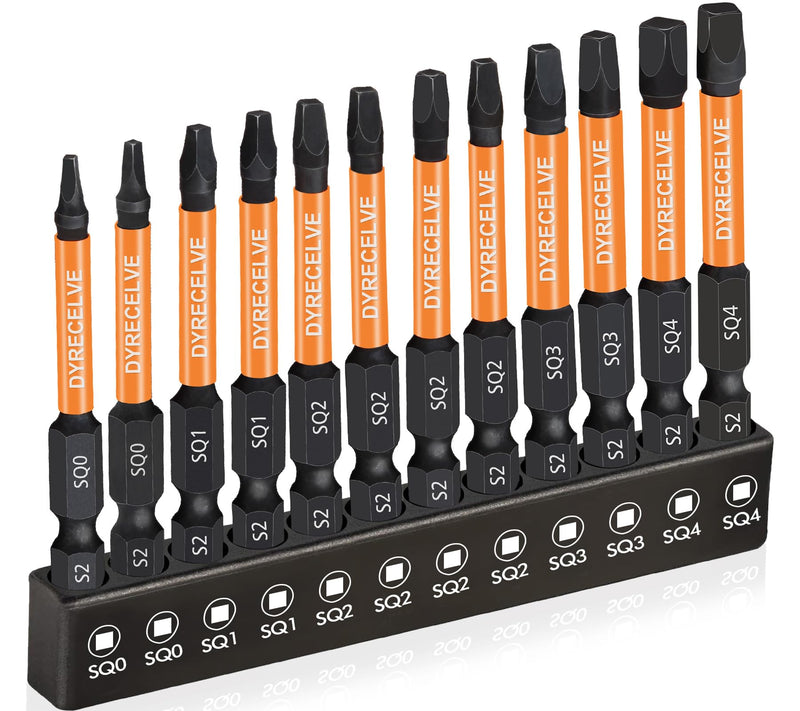 12-Pack Square Drive Bits- PREMIUM S2 Alloy Steel Square Bit Set Magnetic Heads- Robertson Square Drill Bit Set (Long 2.55"& Hex Shank) Square Head Screwdriver Sizes #0, 1, 2, 3, and #4 Black
