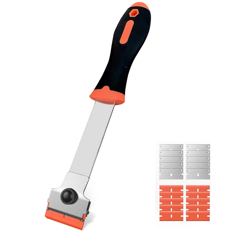 Razor Blade Scraper,Long Handle Razor Scraper Tool for Removing Label, Registration Sticker, Tint, Grease from Windshield, Appliance, Glass (Extra 10 Metal and 10 Plastic Blades) Orange