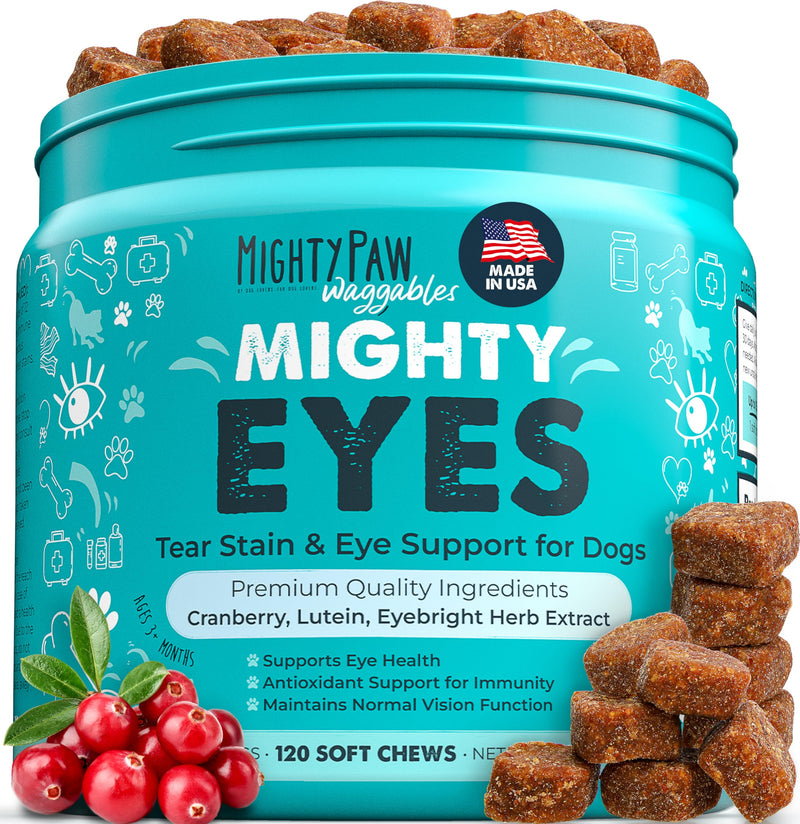 Mighty Paw Waggables Eyes (Made in USA) | Tear Stain Chews for Dogs. Vision and Tear Stain Support Eye Supplements for Dogs. Lutein Dog Tear Stain Supplement. Lubricates Eyes, Immune Support (120 Ct) - PawsPlanet Australia
