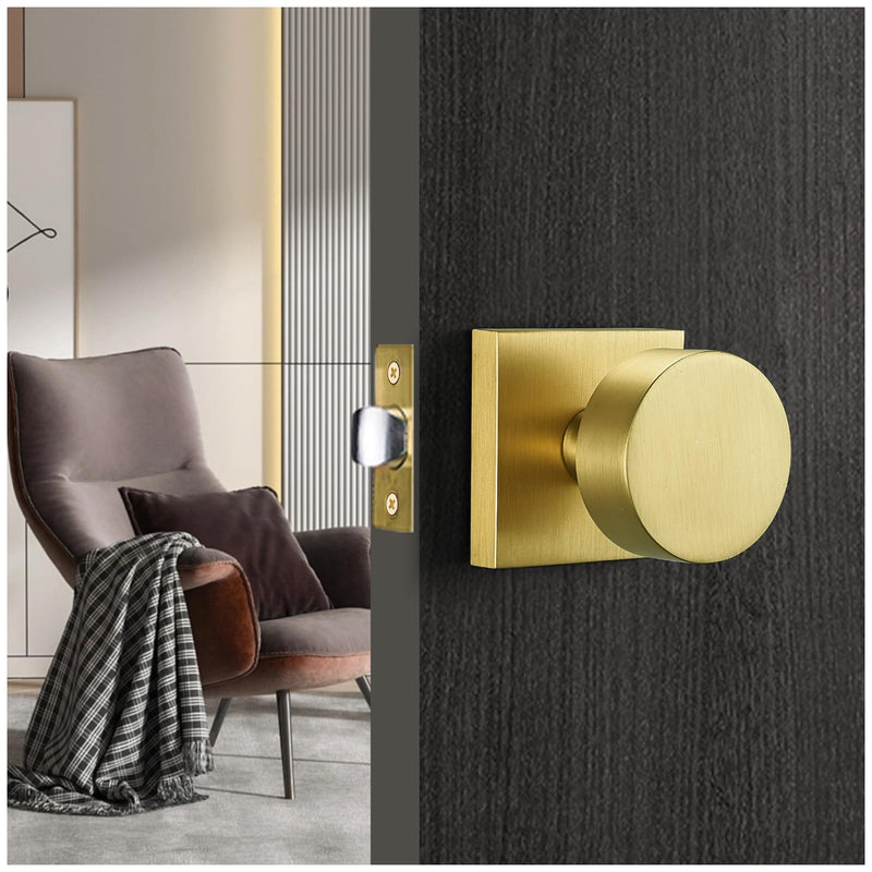 Gold Door Knobs,Passage Modern Satin Brass Door Handles Square Rosette for Interior Hallway Closet Passage