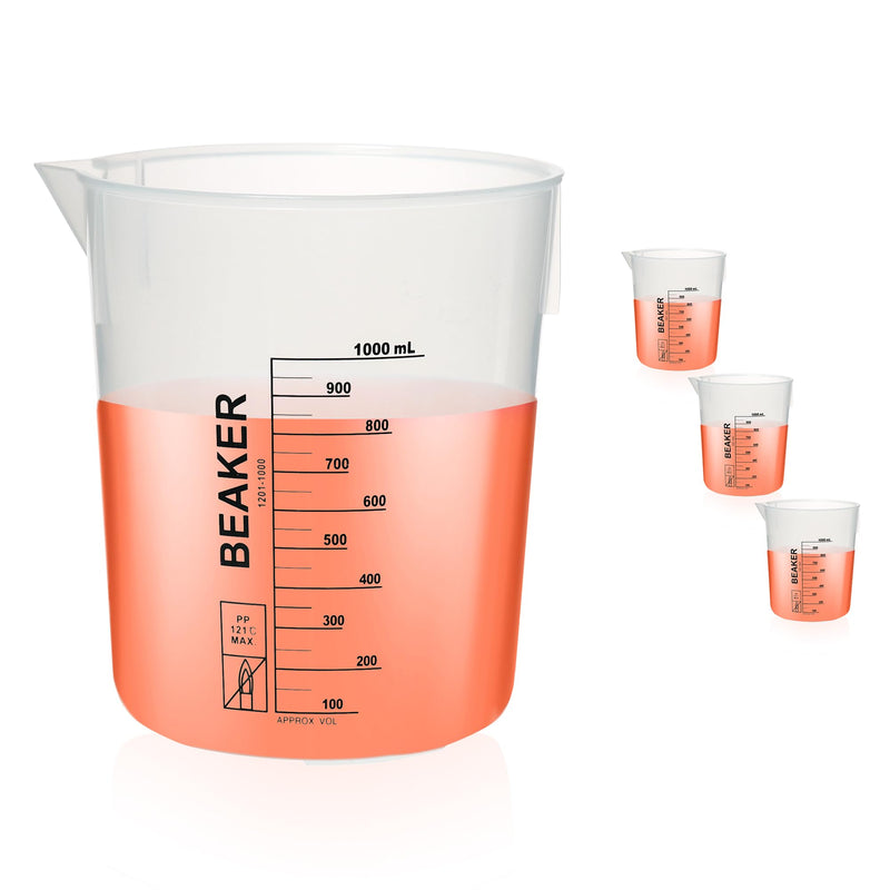 3 Pcs Plastic Beaker Set, 3pcs of 1000ml(33.8oz) Black Graduated Beakers, Lab Beakers Plastic Measuring Cup with Dump Spout and Stacked Side Ribs, Suitable for Mixing and Measuring, BKLP1000A3