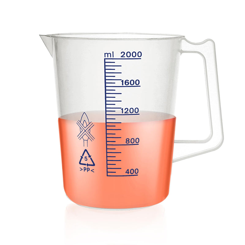 Plastic Beaker Set, 2000ml Measuring Beakers with Handle and Spout, 67.6oz Measure Pitcher with Blue Printed Scales for DIY, Petrol Filling, Swimming Pools and Lawns, BKAP2000A1 1 pc of 2000ml