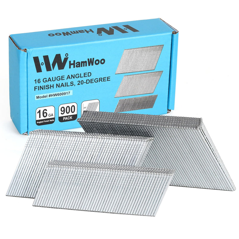 HW HAMWOO 16 Gauge Angled Finish Nails, 20-Degree, 900-Pack (1-1/4"-300, 2"-300, 2-1/2"-300), Galvanized Assorted Size Project Pack,for Pneumatic, Electric Angled Finish Nailer