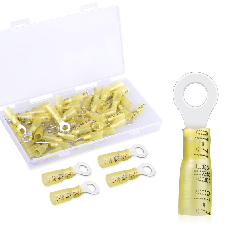 50 Pack Heat Shrink Ring Terminals - 1/4" - Yellow 12-10 AWG Marine Grade Heat Shrink Wire Connectors - Tinned Red Copper Eyelet Wire Connectors Ring 1/4" 50