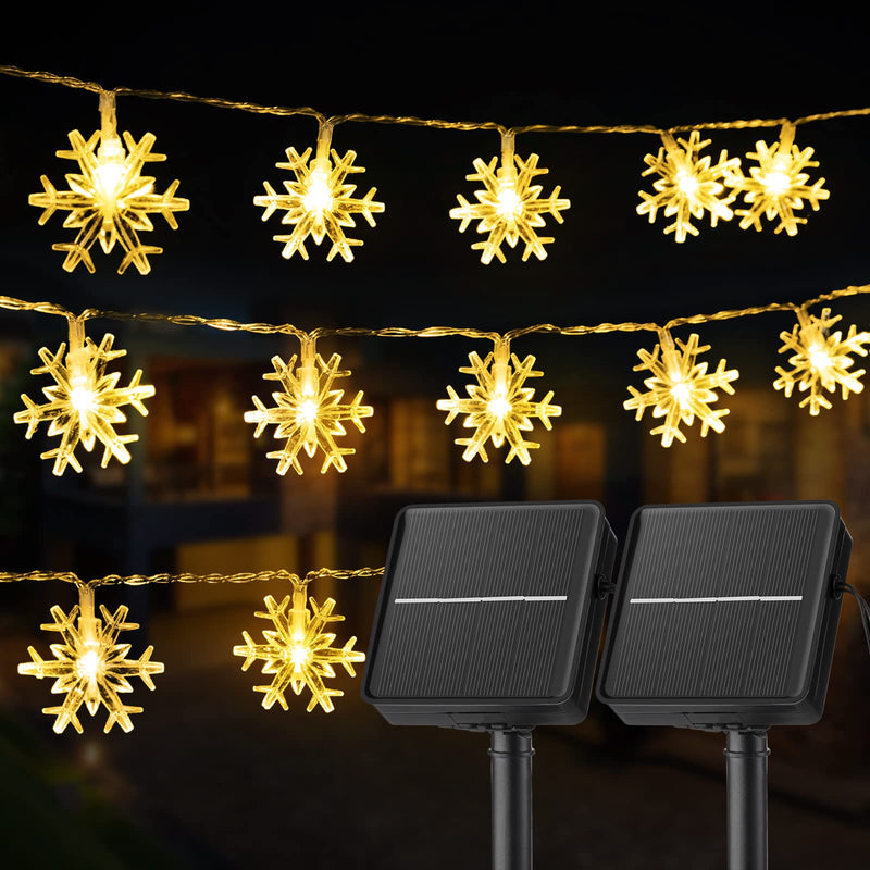 Brightown Solar Christmas Snowflake String Lights 2-Pack 100 LED 78FT Outdoor Waterproof Fairy Lights with 8 Lighting Modes for Wedding, Party, Tree, Room, Garden, Patio, Yard, Home(Warm White) Warm White 100 LED 2PACK