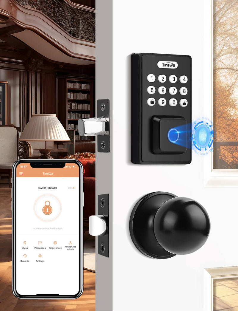 Keyless Entry Door Lock with Door Knobs, Fingerprint Entry Door Handleset, Electronic Digital Keypad Deadbolt with App, Auto Lock & One Touch Locking, Front Smart Door Handle Sets, Black Jet black