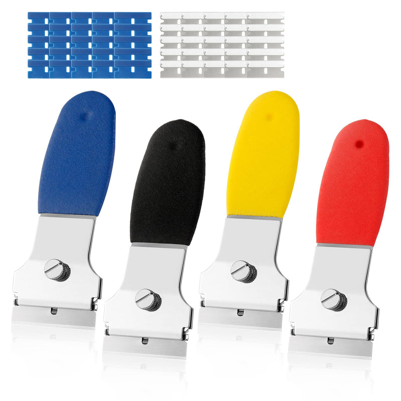 4 Pack Razor Blade Scraper, with 20 Metal & 20 Plastic Blades, Multi-Purpose Cleaning Remover Tool for Glass Caulk, Adhesive, Wall, Stovetop, Paint, Window, Sticker, Tile, Label Decals 4 Pack