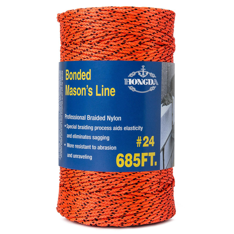Professional Masonry String Lines, 685 Feet #24 Bonded Braided Nylon Mason Line, Durable and Versatile String for Masonry, Construction, Gardening, and DIY Projects #24 x 685Ft Orange / Black