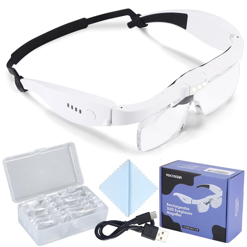 YOCTOSUN Magnifying Glass with Light, 0.75X-4.0X Magnifying Glasses, Head Magnifier Glasses with 3 LED Lights and 5 Lenses, Rechargeable Hands Free Headset Magnifier for Close Work Crafts Jewelry White