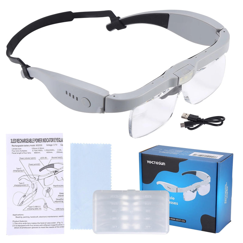 YOCTOSUN Magnifying Glasses with Light, Head Magnifier Glasses with 5 Detachable Lenses 0.75X-4.0X and 3 LED Lights, Rechargeable Hands Free Eyeglasses Magnifier for Close Work Jewelry Crafts Hobby Gray