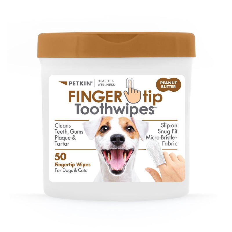 Petkin Fingertip Tooth Wipes for Dogs and Cats, 50 Finger Wipes - Slip-On, Snug Fit, Micro-Bristle Fabric - Cleans Teeth, Gums, Plaque & Tartar - Convenient, Ideal for Home and Travel - Peanut Butter 50ct - PawsPlanet Australia