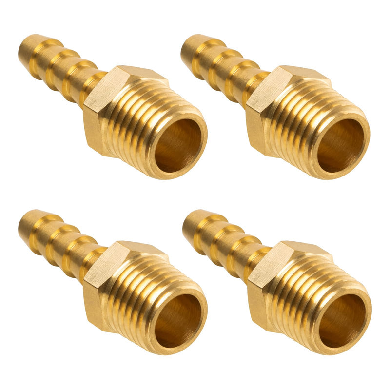 Brass Hose Barb Fitting, 1/4" Barb x 1/4" NPT Male Pipe Adapter Connector, Ideal for Air, Gas, Fuel, Oil (4-Pack) 4 Pack