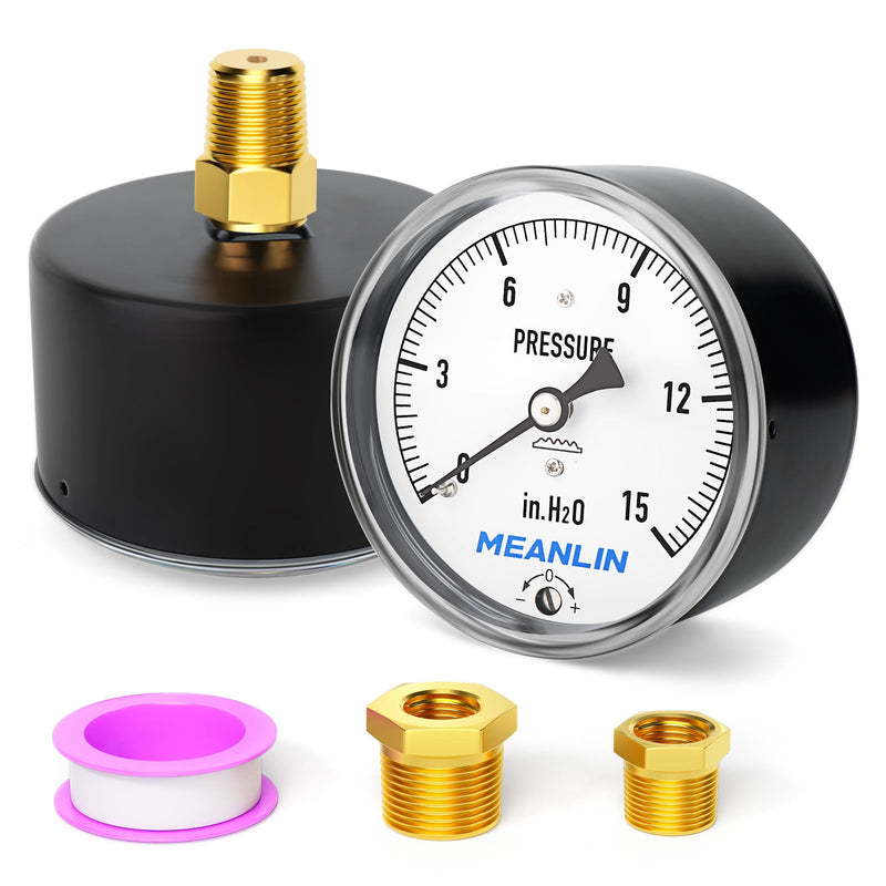 MEANLIN MEASURE 0-15 in H2O Diaphragm Type Capsule Low Pressure Gauge 1/4" NPT 2-1/3" FACE DIAL Adjustable Water Column Gauge, with 1/2" NPT and 3/8" NPT Hex Bushing, Back Mount 0~15 in H2O Center Back Mount