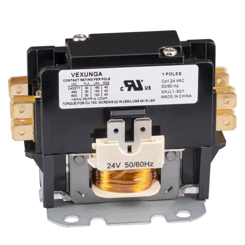 1 Pole 30 Amp 24 VAC Coil AC Contactor 1P 30A 24V 50/60Hz AC Motor Contactor Replacement for HN51KC024 Air Conditioner Compressor Condenser Unit Contactors