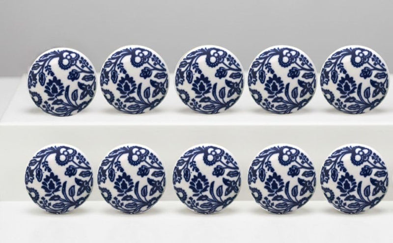 Beautiful Blue and White Ceramic Knobs - Set of 10 Decorative Floral Print Round Knobs Kitchen Cabinet Drawer Knobs | Elegant Wardrobe & Dresser Pulls with Glossy Finish (1.5-Inch Diameter)