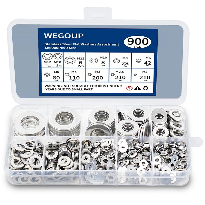 900 Pcs Stainless Steel Flat Washers for Screws, 304 Stainless Steel, Assorted Sizes (M2 M2.5 M3 M4 M5 M6 M8 M10 M12) for Industrial Use, Washers for Bolts 9 Sizes 900 Pcs