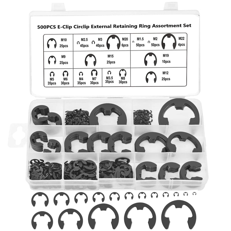500Pcs E-Clip Circlip Assortment Set, External Retaining Clips Assortment Set, Alloy Steel Circlip Kit, Anti Walk Washers, Includes 17 Sizes of M1.5-M22 E-Clip 500PCS