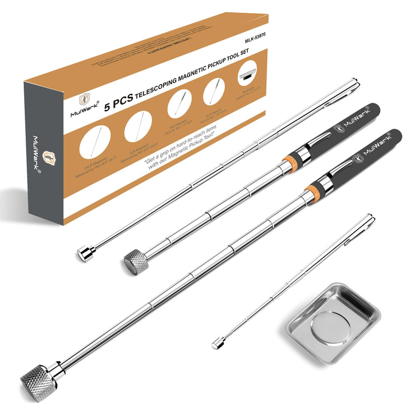 Mulwark 5 pcs Telescoping Magnetic Pickup Tool with Strong Pull Force: Non-Slip Extendable Magnet Pickup Tool: Telescopic Magnetic Pick-Up Tool with Extra Strong Magnet: Extendable Magnet Stick Small