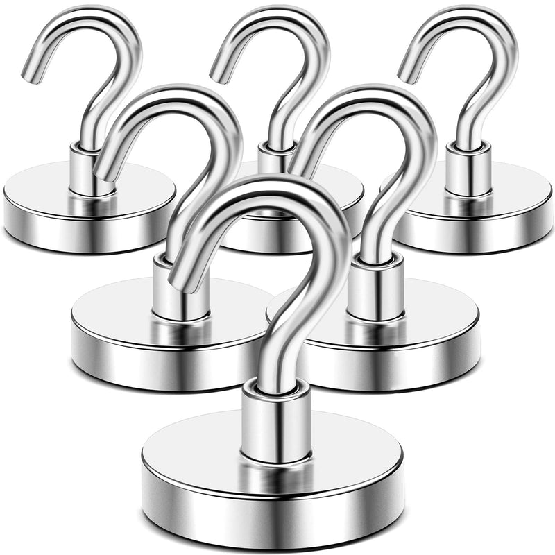 DIYMAG 6 Packs Magnetic Hooks,150 lb Heavy Duty Neodymium Magnets with Hooks for Refrigerator, Strong Cruise Ship Essentials Hooks for Hanging, Magnetic Hanger for Grill 150lbs Silver-6P