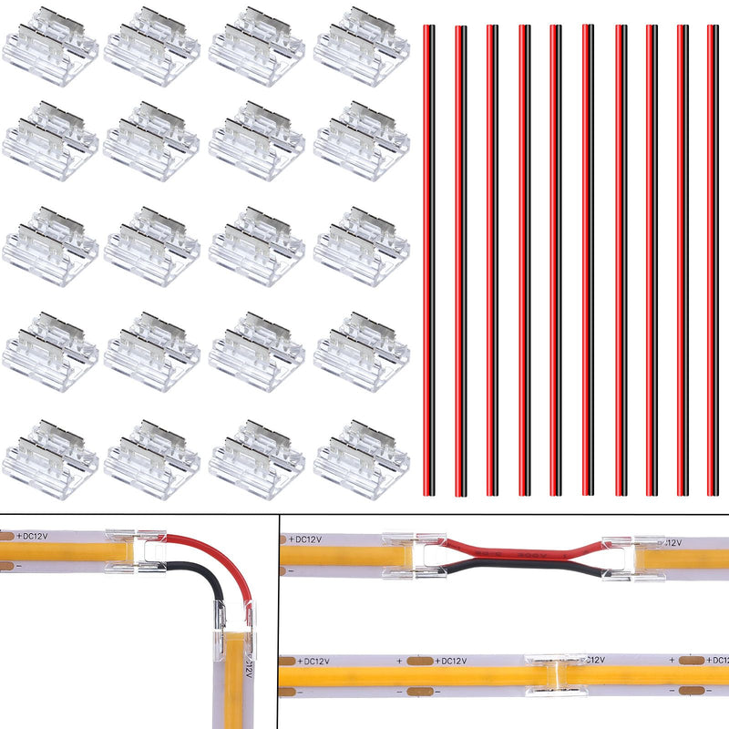 COB LED Connector 2 Pin 8mm Kit, 20pcs Solderless I Shape Connectors, 10pcs 15cm Long 20AWG Extension Wires for Single Color COB SMD LED Strip Connection 2PIN 8MM Straight Through