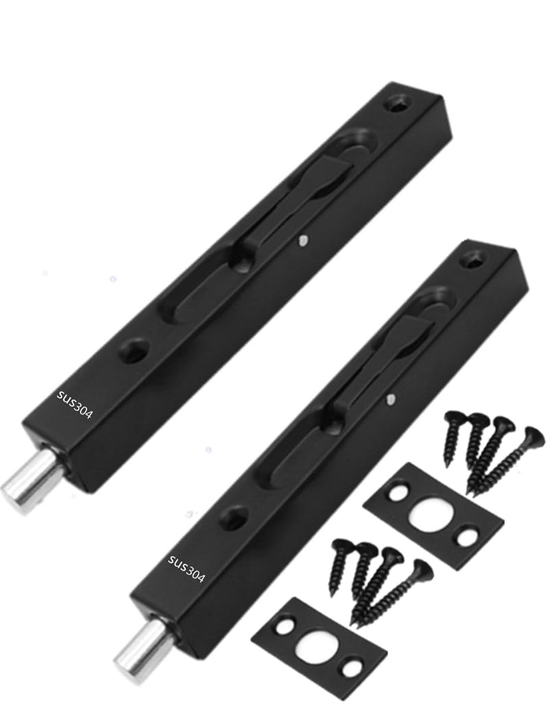 szhdxsy 2-Pack Hidden Latch & Bolt 304 Stainless Steel 8 inch(202cm) Security Door Bolt Latch, Double Door Lever Action Flush Bolt Latch, French Door Slide Bolt Lock,Black
