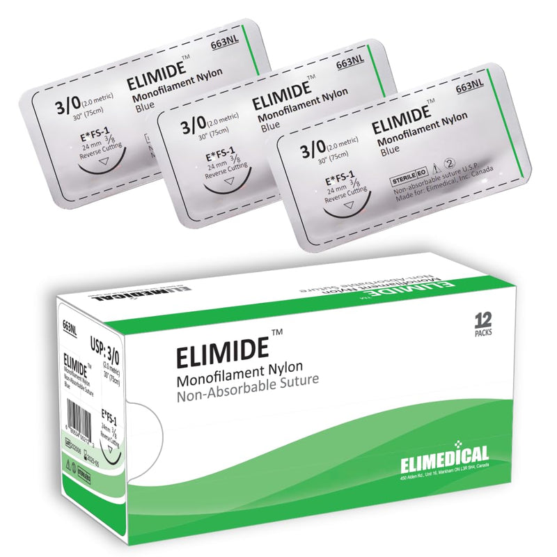 ELIMIDE Veterinary Nylon Non-Absorbable Monofilament Sutures, Reverse Cutting 3/8 Circle, 24mm, 3/0 30 inch (76 cm), 12 Individual Pack, FS1, Blue, 663NL