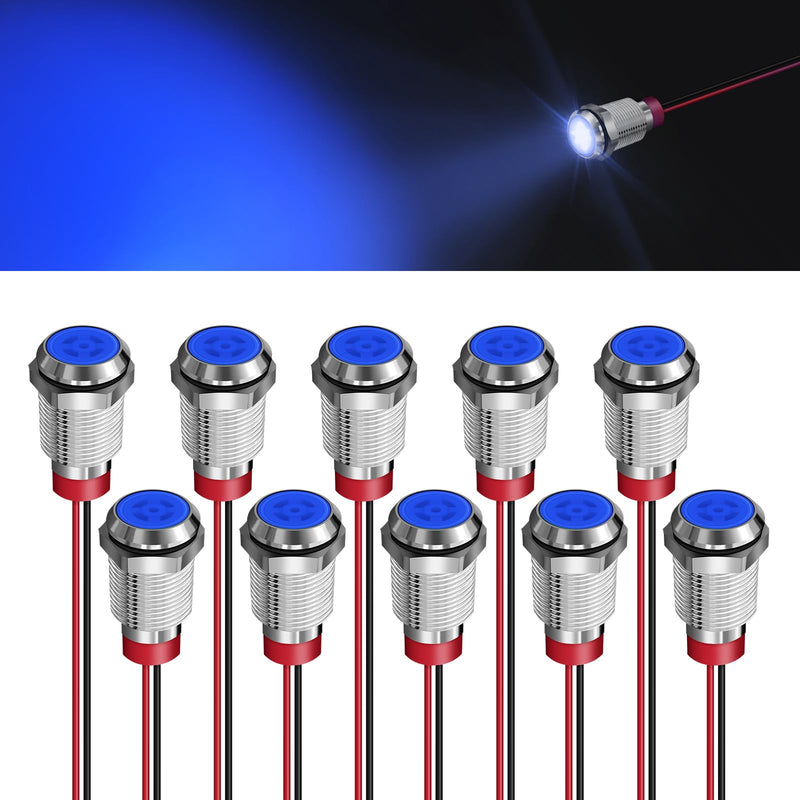 10 Pcs LED Metal Waterproof Indicator Light, 12-24V 2/5'' Mounting Hole Pre-Wired Pilot Signal Light for Car, Trucks, Boats, Marine, Dash, Industrial Electricity (Blue, 10mm) Blue