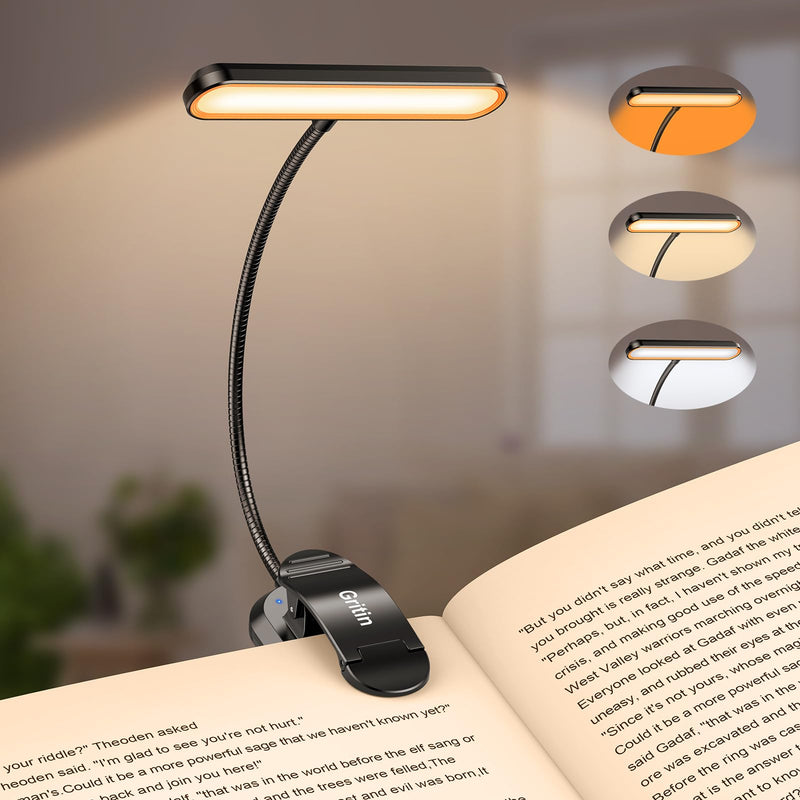 Gritin Rechargeable Book Light for Reading in Bed with 19 LED &Memory Function-Eye Caring 3 Color Temperatures,5 Brightness Levels,80 Hrs Runtime Flexible Goose Neck Clip on Light for Book Lovers Black