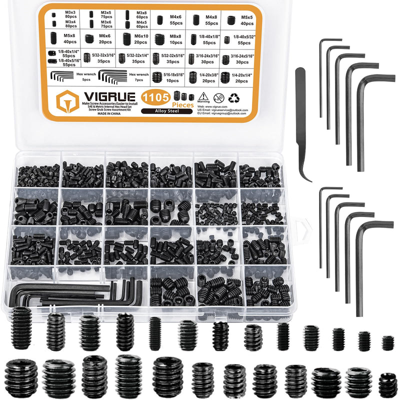 VIGRUE 1105PCS 25 Sizes Metric & SAE Set Screw Assortment Kit Internal Hex Drive Allen Grub Screws Set Cup-Point Alloy Steel, M3 to M8 and 1/8-40 to 5/16-18 Black
