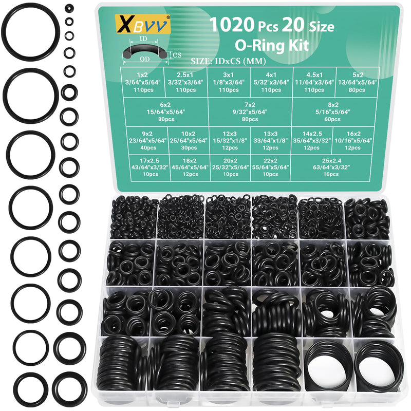 1020 Pcs O Ring Kit 20 Size Nitrile Rubber O Ring Assortment Set for Car Auto Vehicle Repair Faucet Plumbing Air or Gas Sealing Connections Resist Oil and Heat O-Ring Metric 1020 Pcs 20 Size