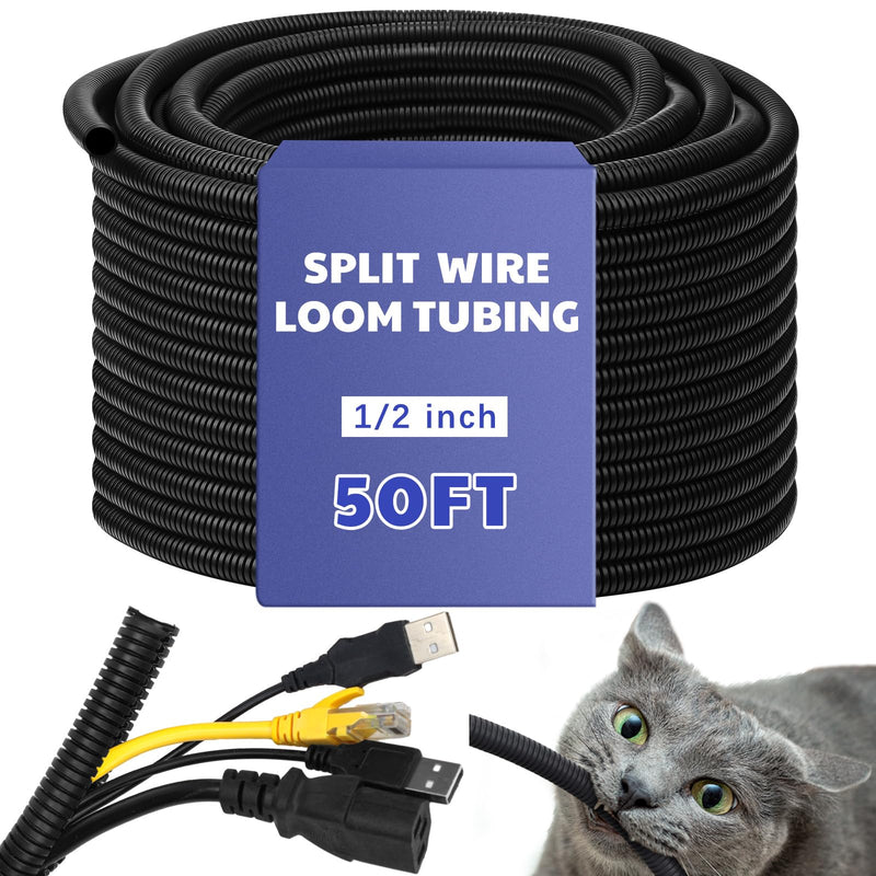 Kanayu Split Flame Retardant Wire Loom High Temperature Cable Conduit Split Cable Sleeves Loom Tubing Auto Wire Conduit for Industrial Electrical Automotive Marine(1/2''-50 ft,Black) 1/2''-50 Ft Black