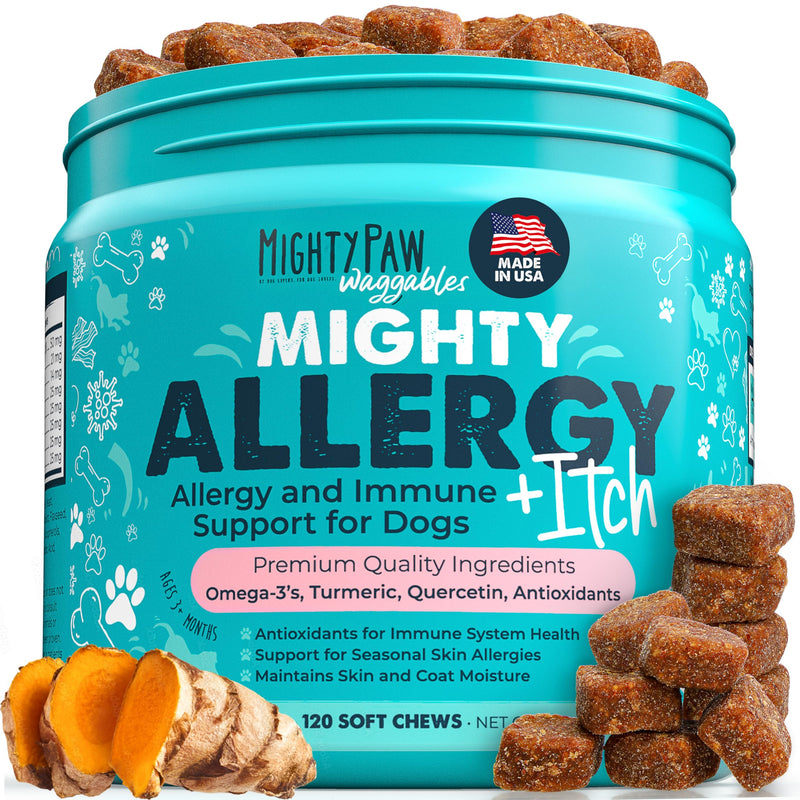 Mighty Paw Waggables Allergy Immune + Itch (Made in The USA) -Dog Chews Anti-Itch for Dogs. Allergy Support Vitamins for Skin and Coat Allergies. Omega 3 & Quercetin for Pets 120 Ct Allergy Chews - PawsPlanet Australia