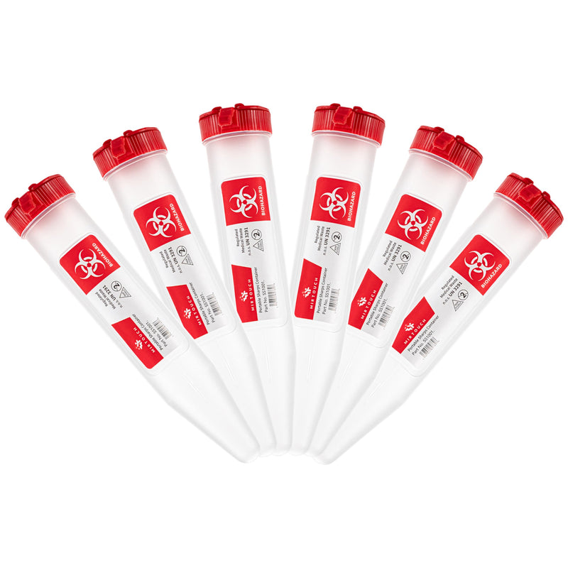 Single Use Travel Sharps Container for Needles, Syringes - Portable Small Sharps Container with New & Improved Locking Lid - Puncture Resistant Needle Disposal Containers (6-Pack, 6) 6-PACK